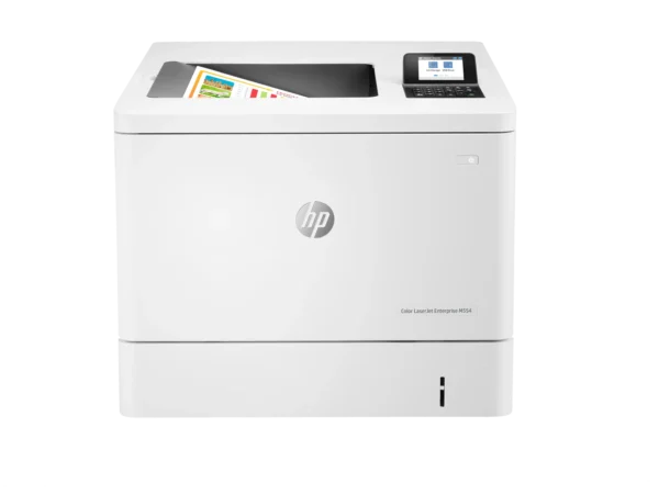 HP LaserJet Enterprise M554dn color laser printer with paper output.