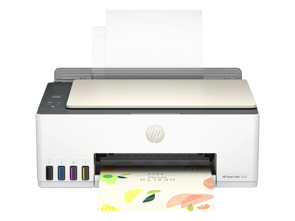 HP Smart Tank 5103 printer with ink tanks and paper output