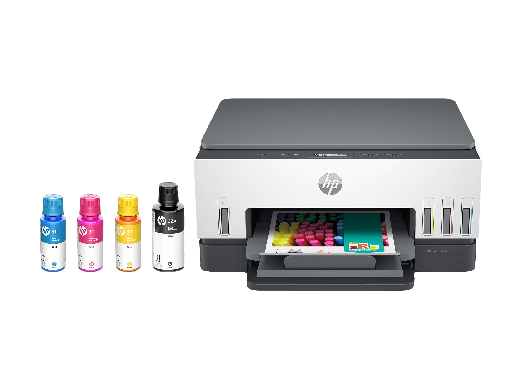 HP Smart Tank 6001 printer with ink bottles