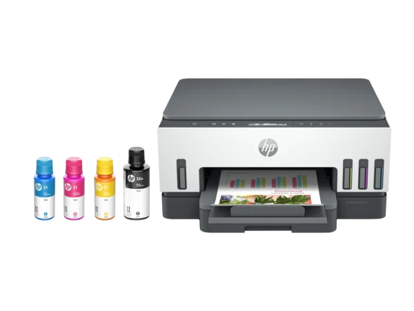 HP Smart Tank 7001 printer with ink bottles and printed document