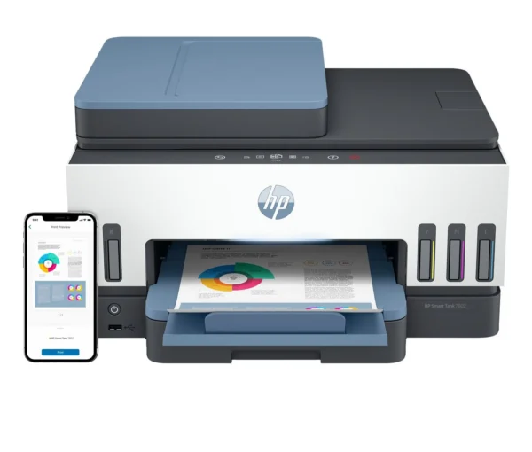 HP Smart Tank 7602 printer printing document, with phone showing print preview