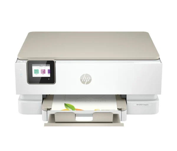HP Envy 7255e wireless photo printer printing a document with fruit