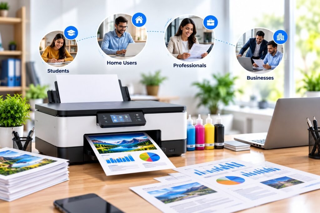 Printer printing charts and images, with icons for students, home users, professionals, and businesses