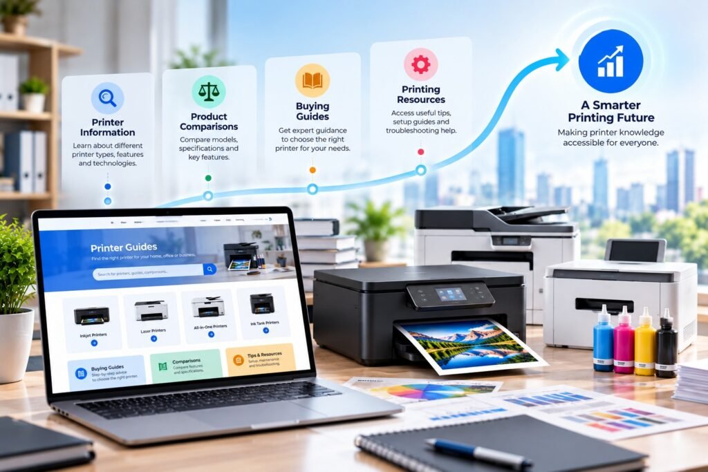 Laptop displaying printer guides, surrounded by printers and colorful ink cartridges.