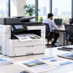 Modern office printer with charts and graphs on a desk