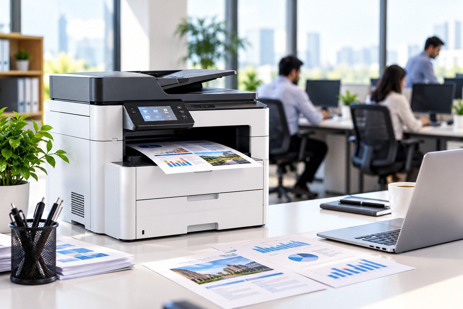 Modern office printer with charts and graphs on a desk